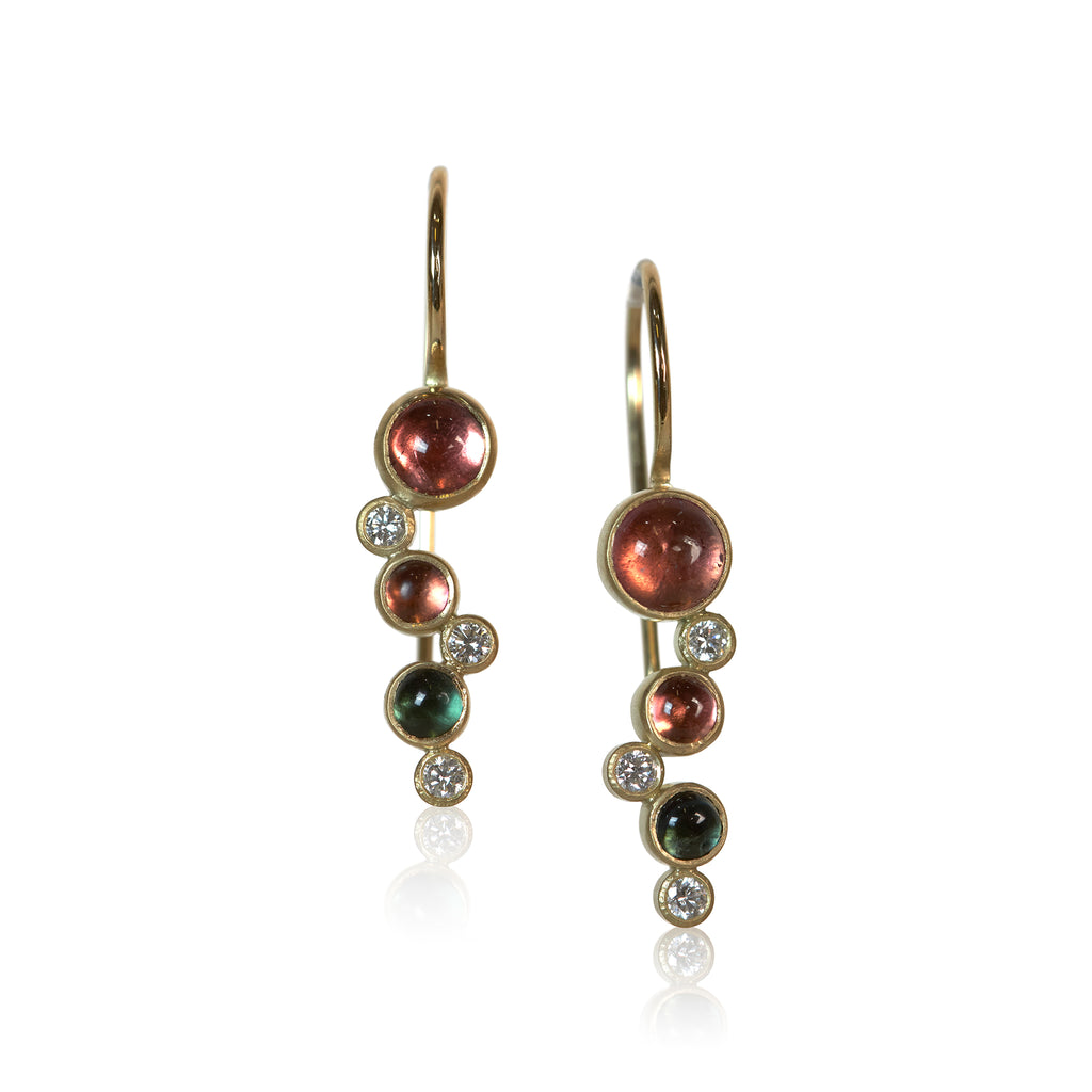 pink and blue round brazilian tourmaline earrings with recycled diamonds in 18k yellow gold