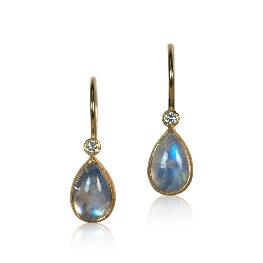 hand fabricated yellow gold drop earrings with moonstones and diamonds