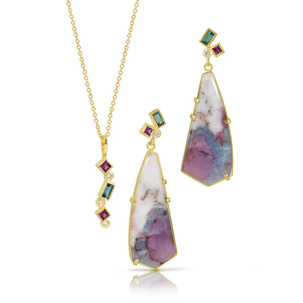Karin Jacobson Jewelry Confetti pendant with blue tourmaline, grape garnet and diamonds in 18k yellow gold, on 18K gold chain, photographed on white. Shown next to paraiba quartz confetti earrings.
