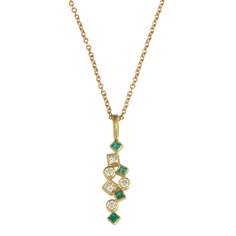 Photo of karin jacobson jewelry design diamond & emerald confetti necklace in 18k yellow gold. The diamonds and emeralds are both post-consumer recycled.
