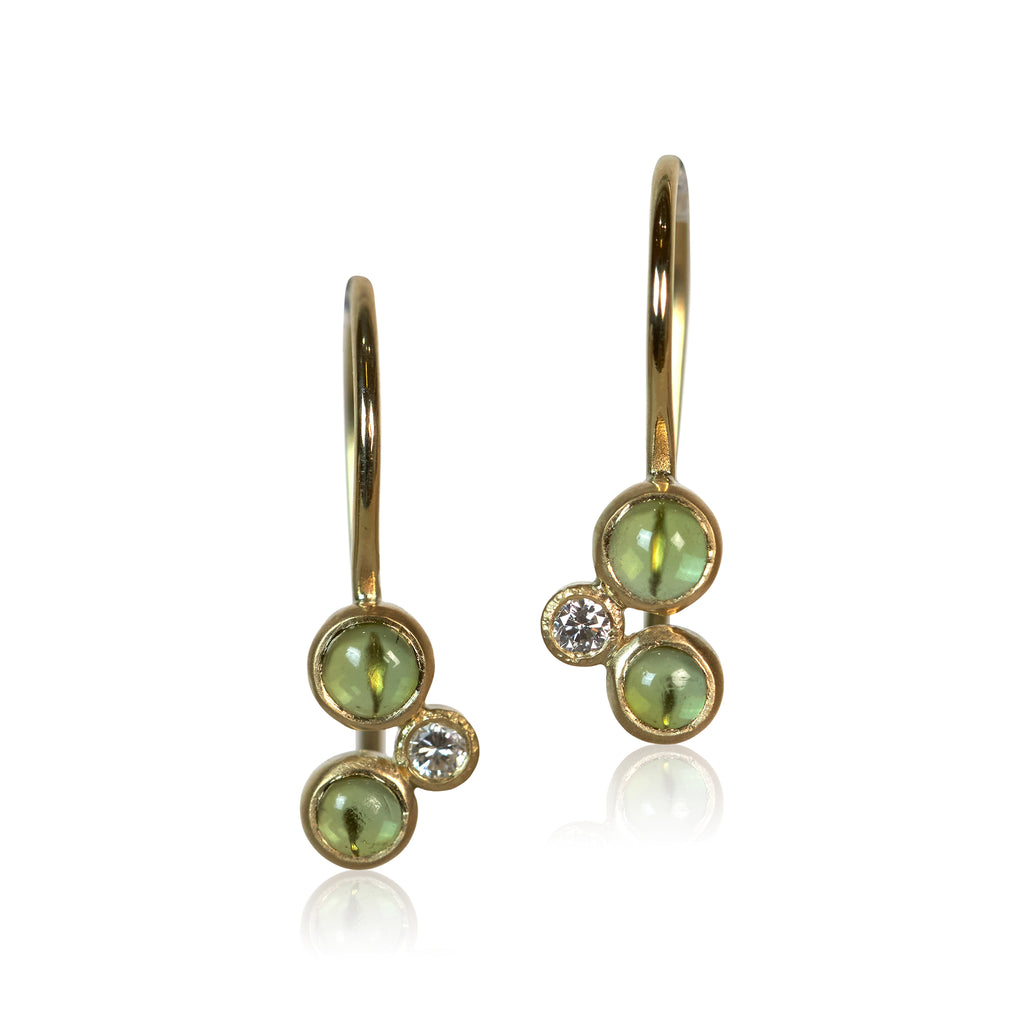 handmade gold drop earrings made with green brazilian tourmalines and recycled diamond