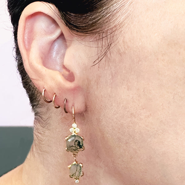 karin jacobson jewelry moss agate hex cut and diamond earrings in fairmined 18k gold - shown on model