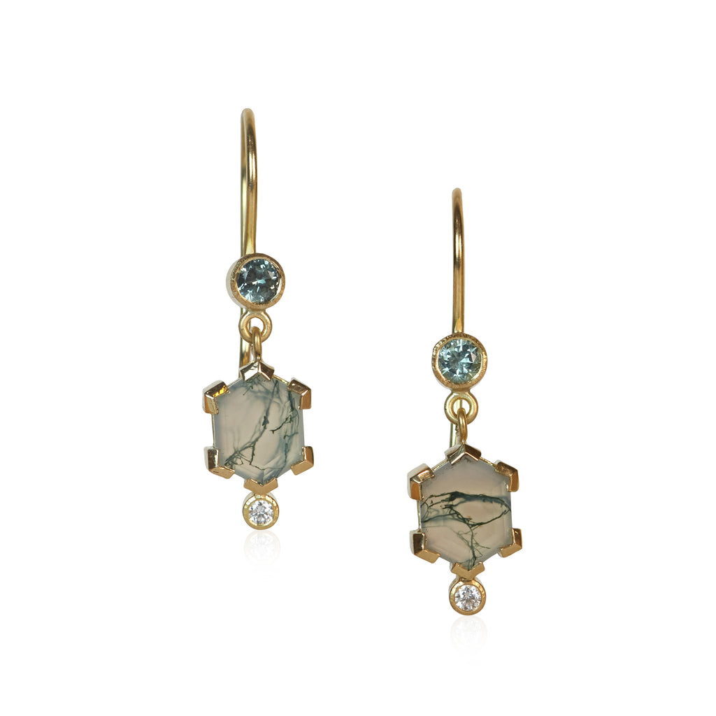 Pair of drop earrings with hexagon moss agates, round blue sapphires above, and small round diamonds below, set in Fairmined 18k yellow gold.