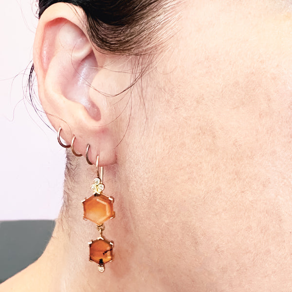 Karin Jacobson Jewelry Montana agate earrings - in FairminedTM 18k gold with agates (10x10 top and 10x8 bottom) and .20carat total weight diamonds shown on model