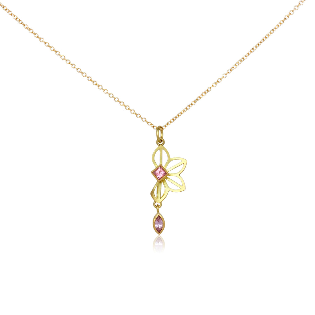 Origami fold pendant necklace in 18k yellow gold with light pink tourmaline and pink sapphire