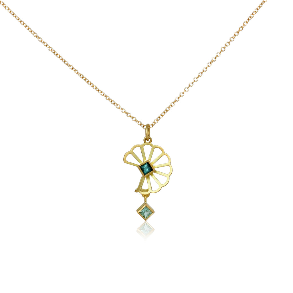 MN made Petite Cloud Fold origami 18k yellow gold necklace with teal tourmaline stones