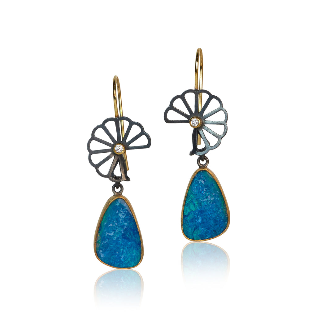 18 carat yellow gold earrings with diamonds and australian opal doublet stones