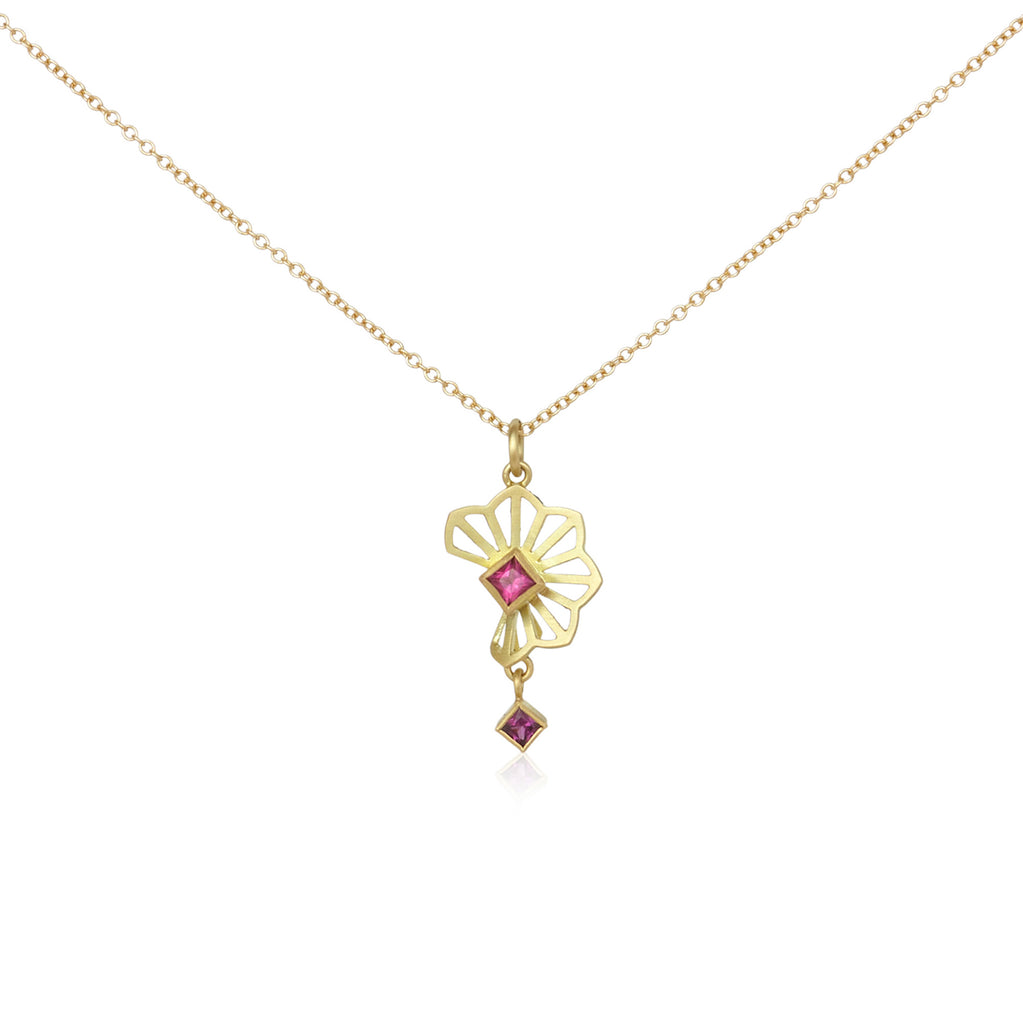 Minnesota artist made Petite Hyacinth Fold Necklace in 18k yellow gold with pink tourmaline and grape garnet