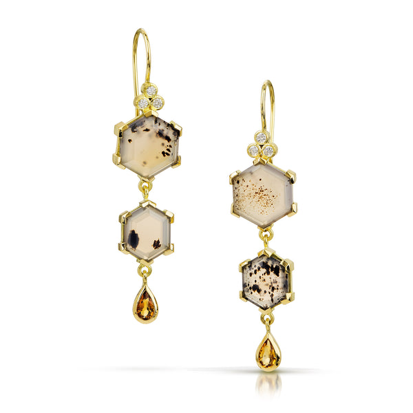 Montana agate hexagon earrings with pear shaped citrine drops and recycled diamonds in 18k fairmined gold