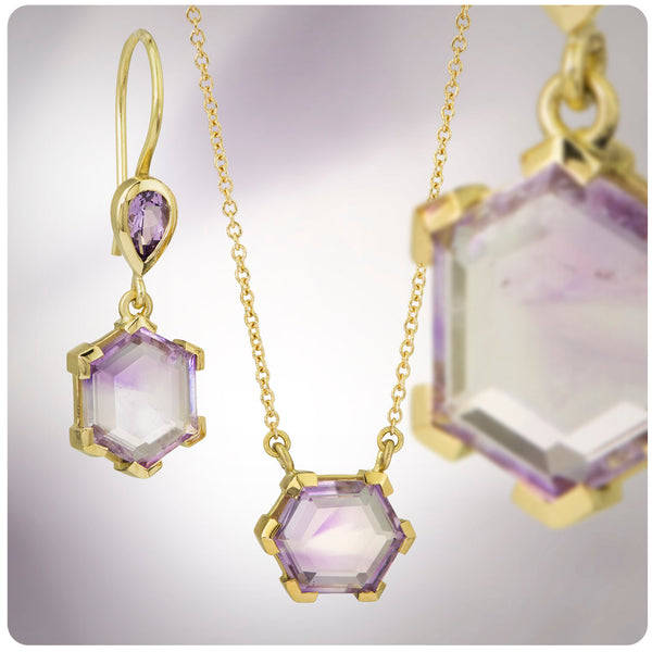 karin jacobson jewelry amethyst hexagon pendant and matching earrings  in fairmined 18k gold