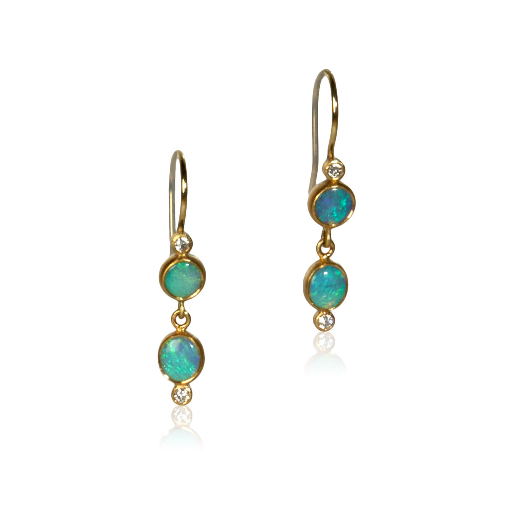 Karin Jacobson Jewelry double opal double diamond earrings with french wires in 22k and 18k gold.