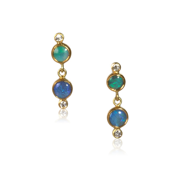 Karin Jacobson Jewelry double opal double diamond earrings with posts in 22k and 18k gold.
