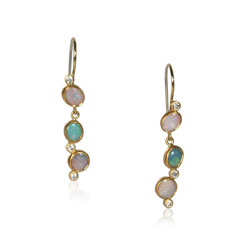 Karin Jacobson Jewelry triple opal & diamond earrings with french wires in 22k and 18k gold.