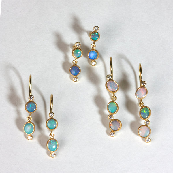 Karin Jacobson Jewelry double opal double diamond earrings with french wires in 22k and 18k gold. shown with triple opal triple diamond french wire earrings and double opal double diamond stud earrings