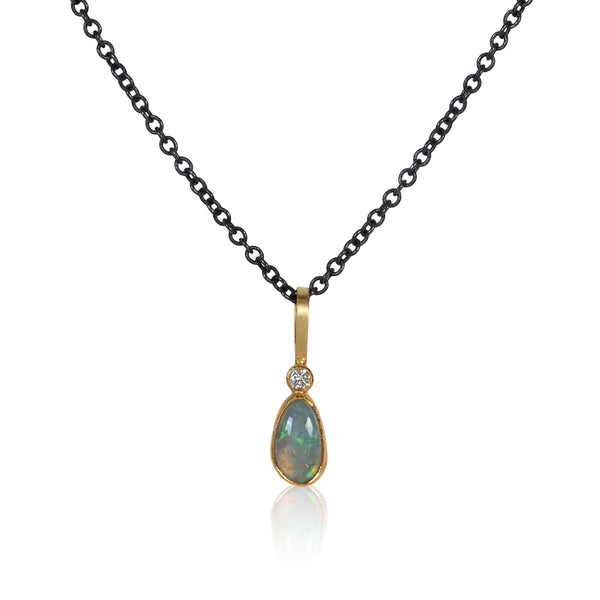 aqua, sky blue, and pink Australian pear opal and diamond pendant necklace on oxidized sterling silver chain