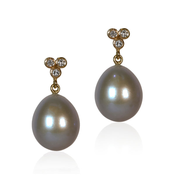 handcrafted gold drop earrings with natural gray freshwater pearls and recycled diamonds