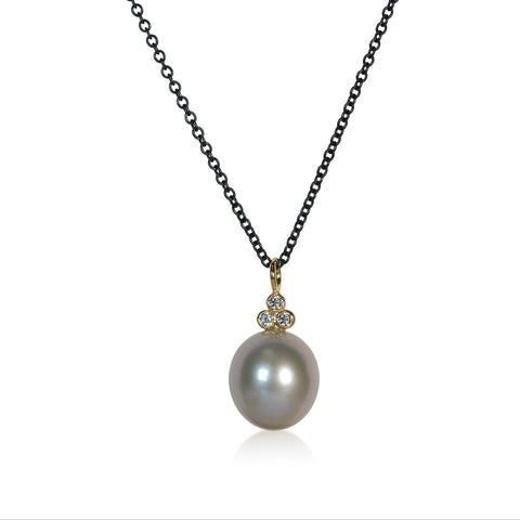 naturally gray freshwater pearl necklace with three recycled round diamonds on top