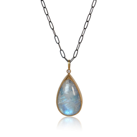 large pear cut moonstone and diamond necklace set in 18k yellow gold