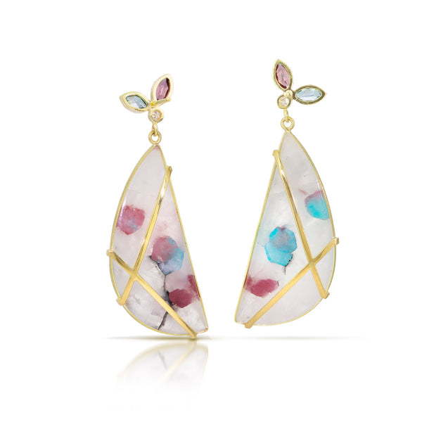 Karin Jacobson Jewelry Design paraiba tourmaline in quartz matrix flower earrings with rhodolite garnet, blue zircon, and diamond flower tops in 18k gold the back sides shown - on white background