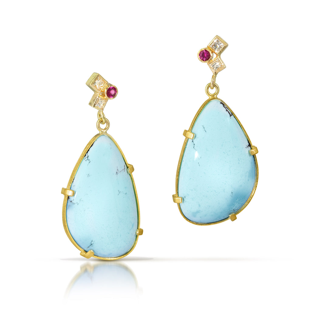 Karin Jacobsn Jewelry turquoise earrings with pink tourmaline and diamond confetti tops. Shown on white background.