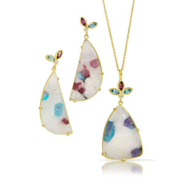 Karin Jacobson Jewelry Design paraiba tourmaline in quartz matrix flower pendant with rhodolite garnet, blue zircon, and diamond flower top in 18k gold shown on white background. Shown with matching earrings. Front View.