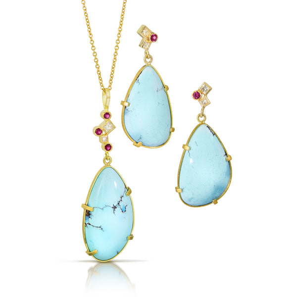 Karin Jacobsn Jewelry turquoise pendant with pink tourmaline and diamond confetti top, on 18k yellow gold cable chain. Shown on white background. Shown with matching earrings.