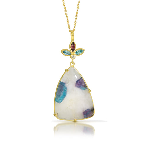 Karin Jacobson Jewelry Design paraiba tourmaline in quartz matrix flower pendant with rhodolite garnet, blue zircon, and diamond flower top in 18k gold shown on white background. Front View.