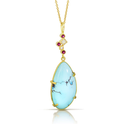 Karin Jacobsn Jewelry turquoise pendant with pink tourmaline and diamond confetti top, on 18k yellow gold cable chain. Shown on white background.