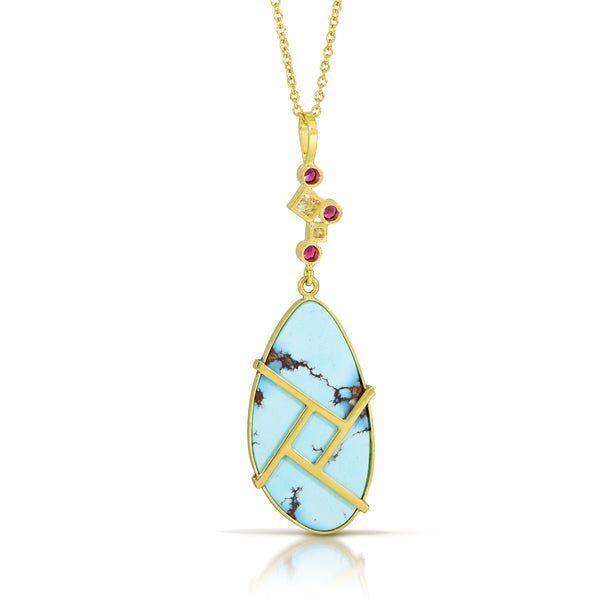 Karin Jacobsn Jewelry turquoise pendant with pink tourmaline and diamond confetti top, on 18k yellow gold cable chain. Shown on white background. Back side shown