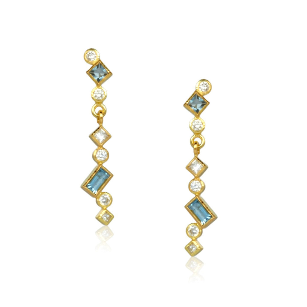 The photo shows 18k yellow gold confetti dangle earrings with various square, rectangle and round aquamarines and diamonds on a white background.