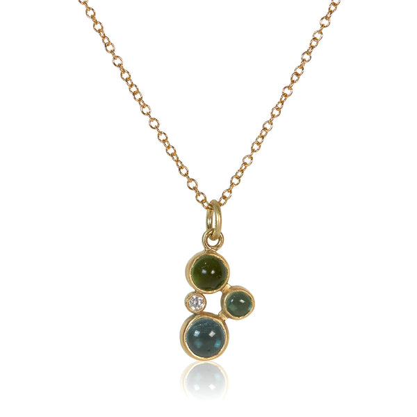18k yellow gold pendant with green and blue brazilian tourmaline stones and diamond