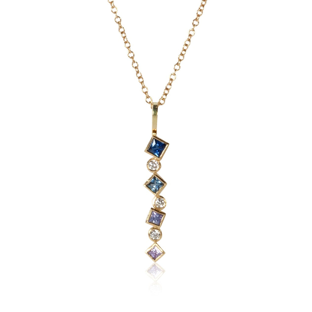 ombre blue to purple sapphire and diamond confetti pendant on white background