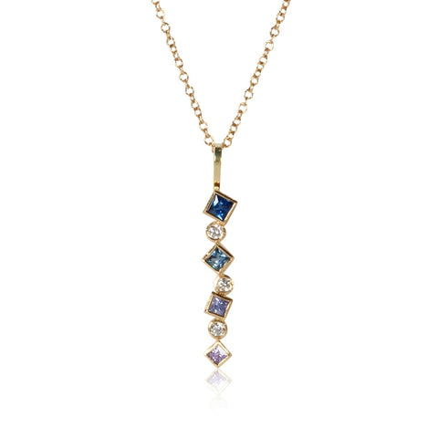 ombre blue to purple sapphire and diamond confetti pendant on white background