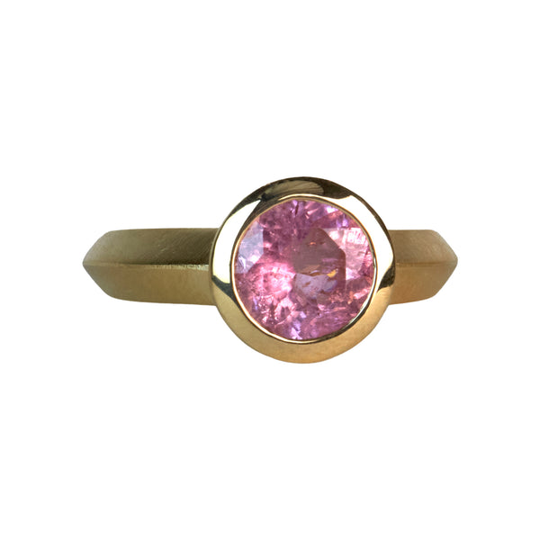 hand crafted cocktail ring with real pink tourmaline and sustainable gold in size 6.5