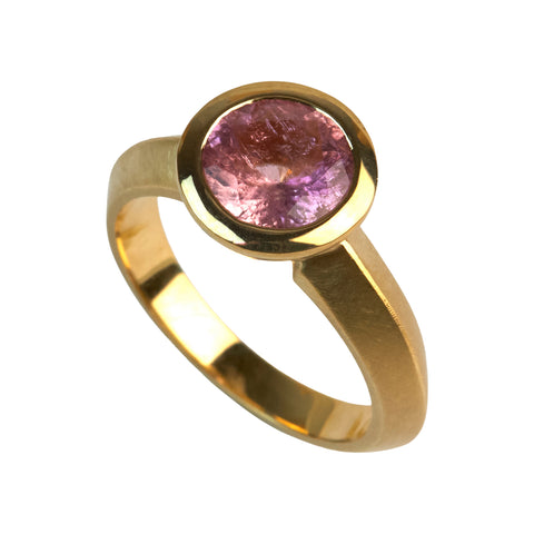handmade in minnesota fairmined gold ring with pink tourmaline stone