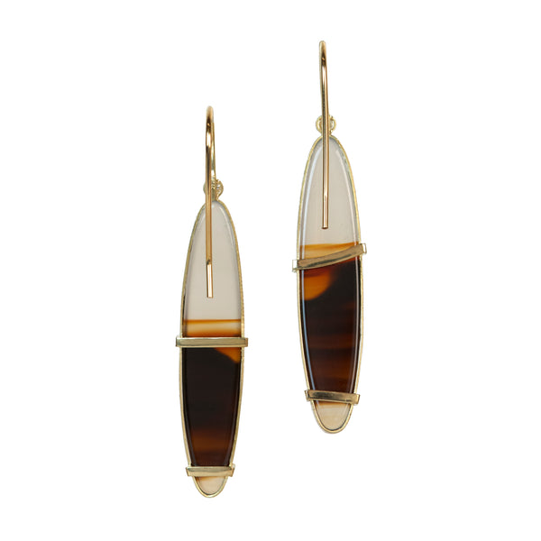 a pair of earrings with oval montana agates in brown and clear stone, set in Fairmined 18k gold with diamonds at the top and french wires - photo on white - backs of earrings shown