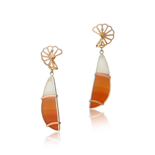 Pair of earrings with 14k rose gold tops with diamonds and orange and white teardrop shaped carnelian cabochon drops on a white background. This image shows the backs of the earrings.