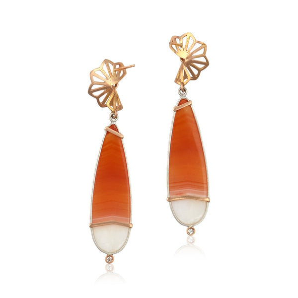 Pair of earrings with orange & white carnelian teardrop-shaped stones and 14k rose gold floral tops on a white background - this version shows the backs.