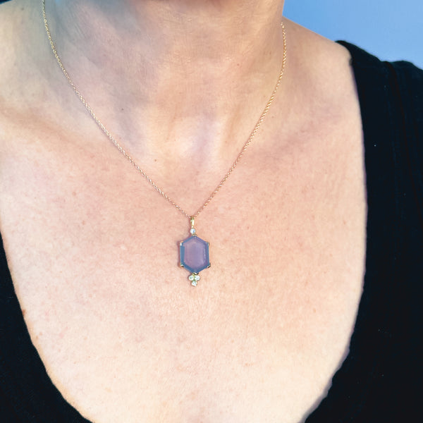 karin jacobson jewelry hexagon cut mexican chalcedony and 4 diamond necklace in fairmined 18k yellow gold shown on model