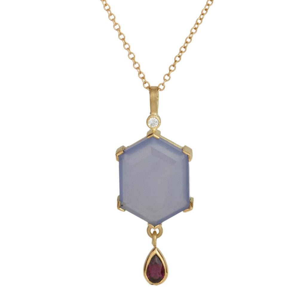 karin jacobson jewelry chalcedony hexagon pendant with single diamond cluster at the top and pear cut garnet at the bottom, in fairmined 18k gold