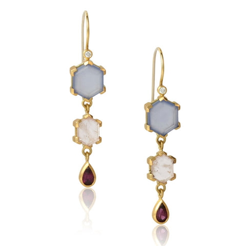 karin jacobson jewelry chalcedony and morganite hexagon dangle earrings with single diamond at the top and pear cut garnet at the bottom, in fairmined 18k gold 