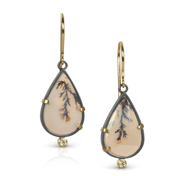 Pair of pear-shaped dendritic agate drop earrings in oxidized sterling silver with 18k yellow gold prongs, each accented with a small diamond below and finished with 18k gold French wires.