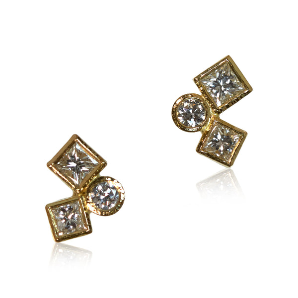 Photo of karin jacobson jewelry design diamond confetti studs in 18k yellow gold. The diamonds are post-consumer recycled.