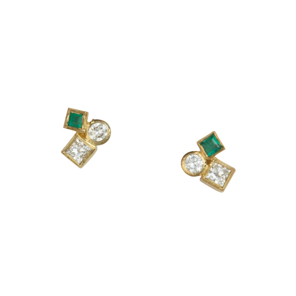 Photo of karin jacobson jewelry design diamond & emerald confetti studs in 18k yellow gold. The diamonds and emeralds are both post-consumer recycled.