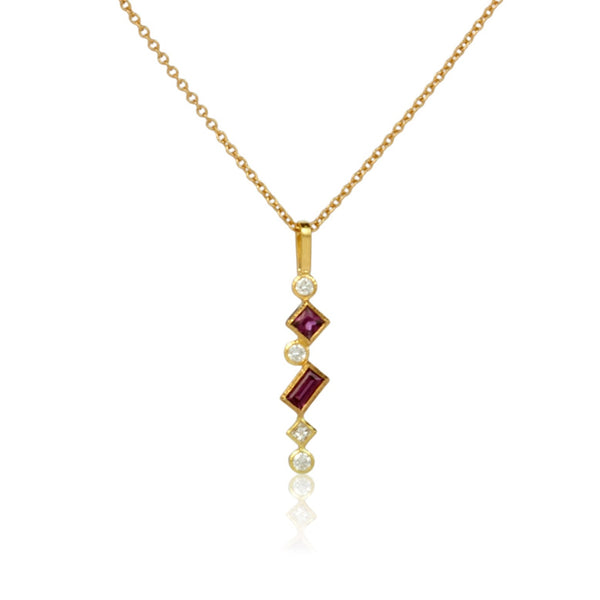 Shows an 18k yellow gold confetti necklace with various square, rectangle and round grape garnets (pinkish red) and diamonds, hanging from a gold cable chain on a white background. close up shot.