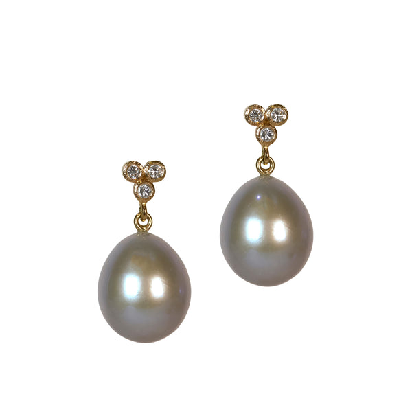 gray pearl earrings with 3 diamond clusters