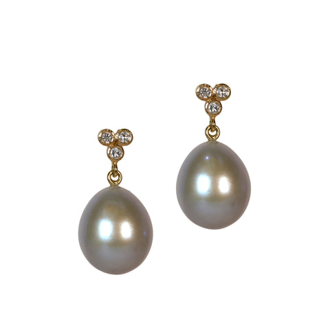 gray pearl earrings with 3 diamond clusters