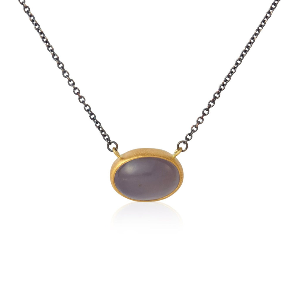 Karin Jacobson jewelry chalcedony oval horizontal pendant in 22k gold on sterling back with 18k gold jump rings