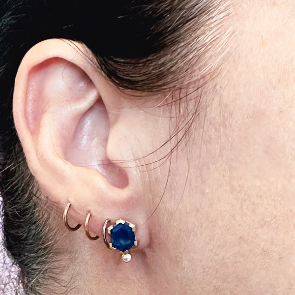 karin jacobson jewelry chilean lapis hexagon stud earrings in fair mined 18k yellow gold with diamonds shown on model