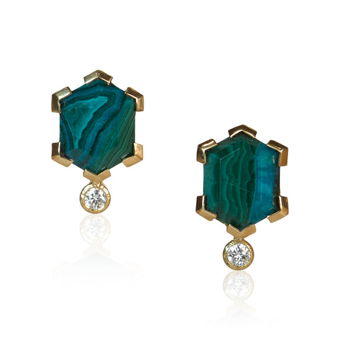 Pair of stud earrings with hexagon tablet cut malachite chrysocolla stones in shades of green and teal, each accented by a small round diamond, set in Fairmined 18k yellow gold.